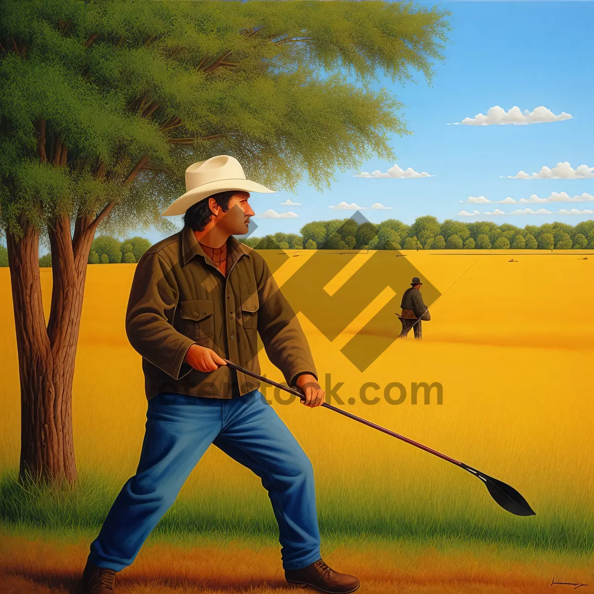 Picture of Man Playing Golf Swing with Iron on Green Fairway