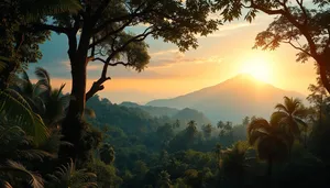 Autumn sunset over mountains and trees.
