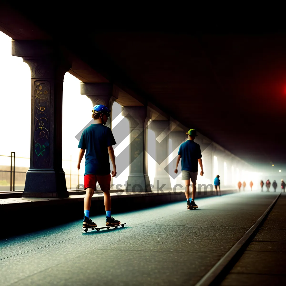 Picture of Racket-wielding Man Competing on Skateboard Deck