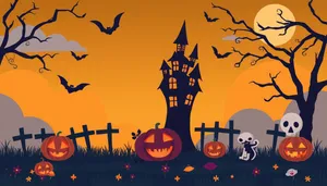 Silhouette Moon over Winter Cemetery with Pumpkin Moonlit Scene