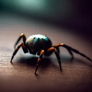 Close-up of Black Garden Spider on Leaf Beetle