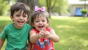 Boy smiling happily in the park with family.