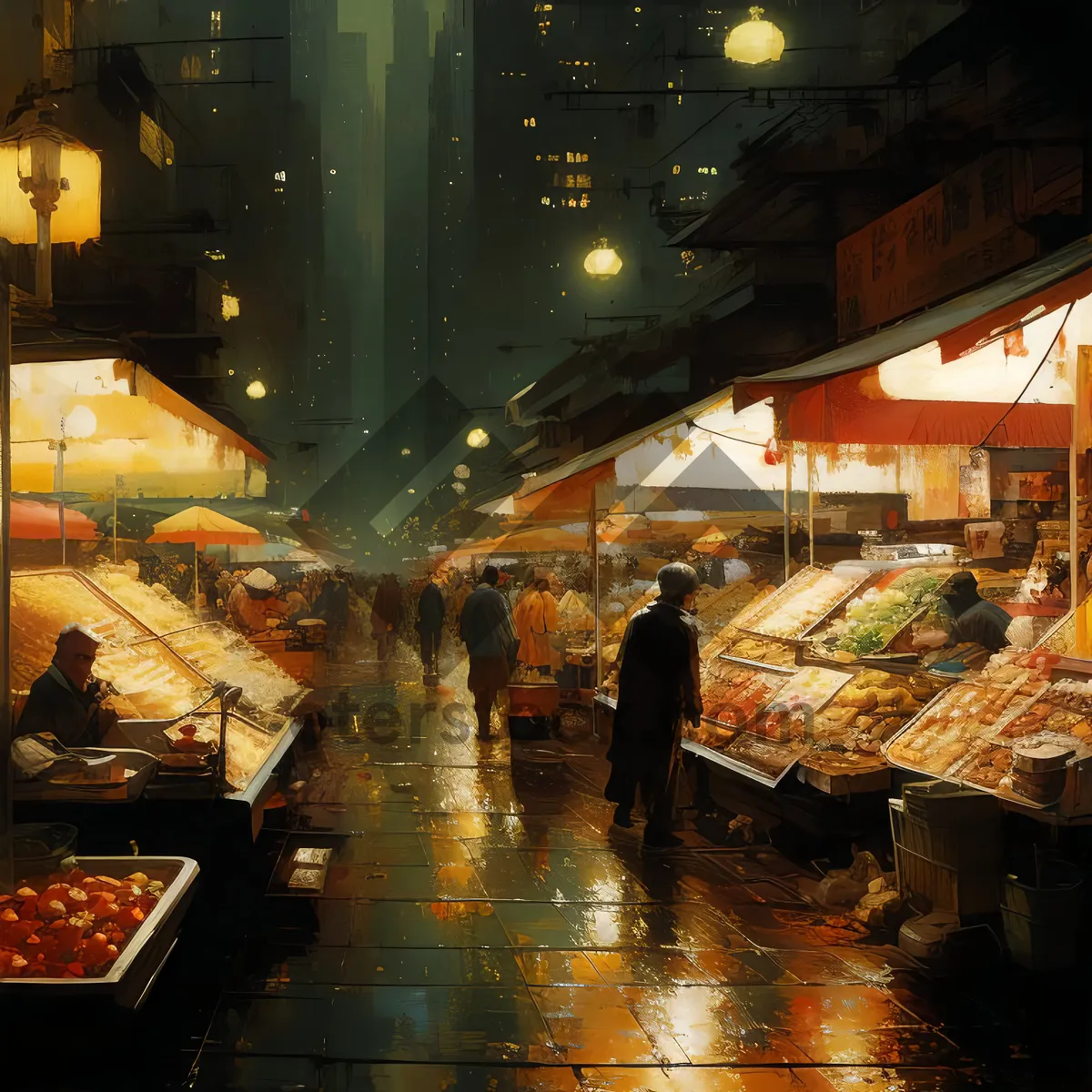 Picture of Nighttime city shopping at bustling butcher shop counter