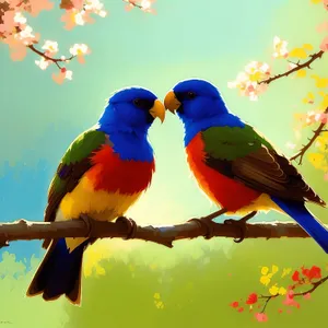 Colorful Macaw perched on branch with feathers.