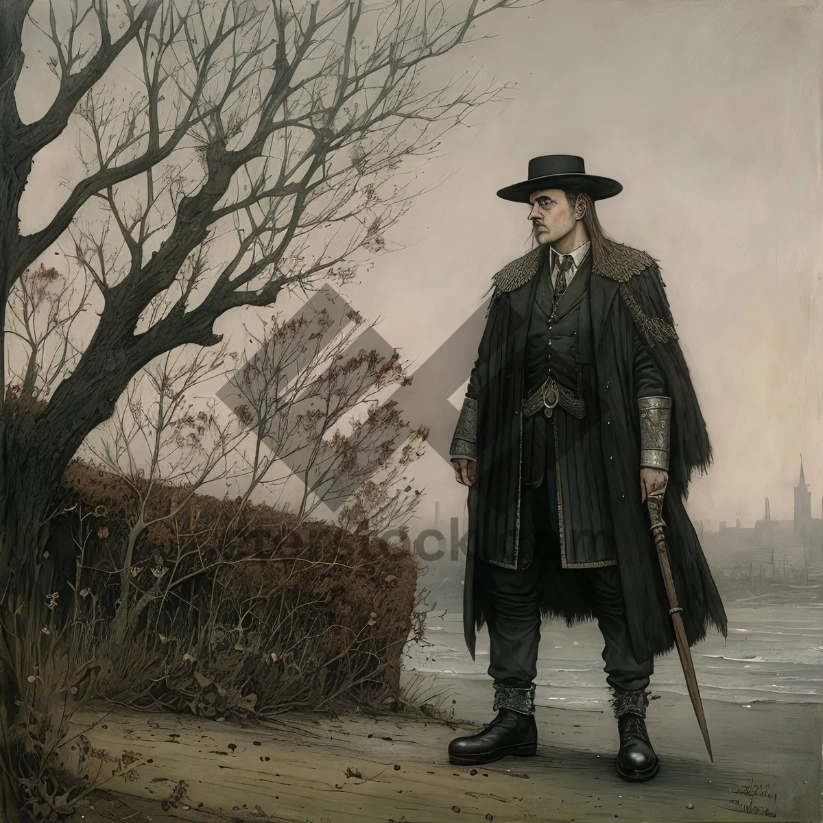 Picture of Mysterious Man Cloaked in Statuesque Splendor