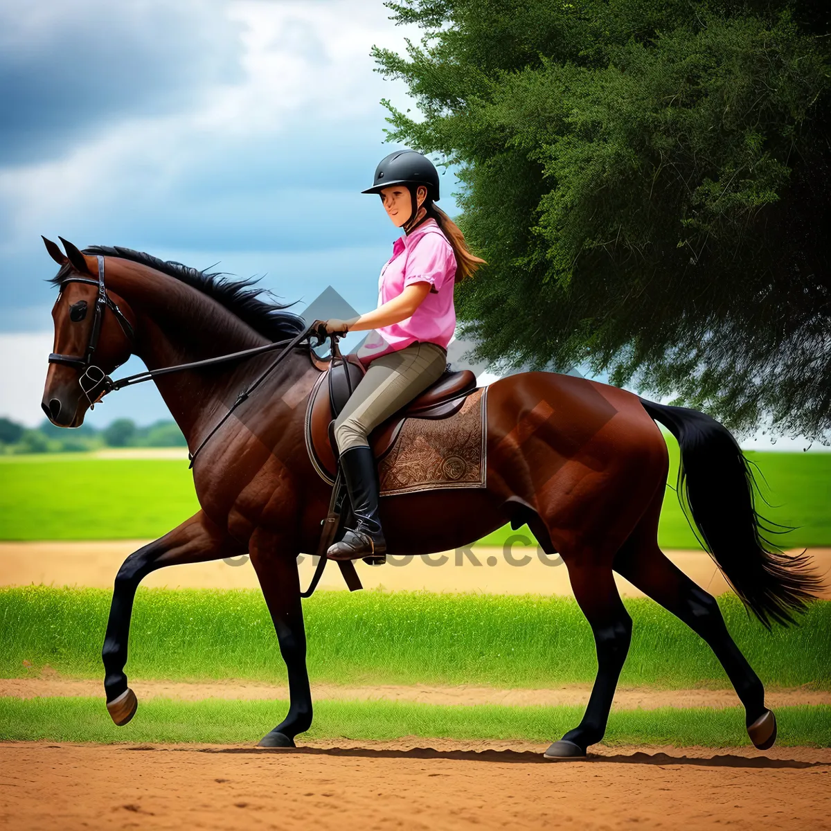 Picture of Thoroughbred mare riding with jockey in field