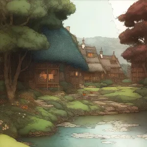 Mountain Shrine with Thatched Roof against Sky