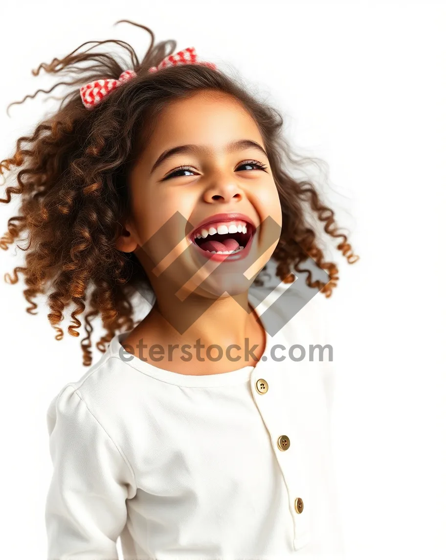 Picture of Attractive brunette model with afro smiling warmly.