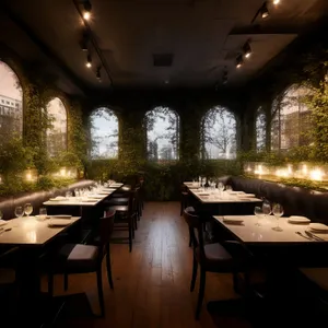 Modern restaurant interior design with luxury furniture and wood.