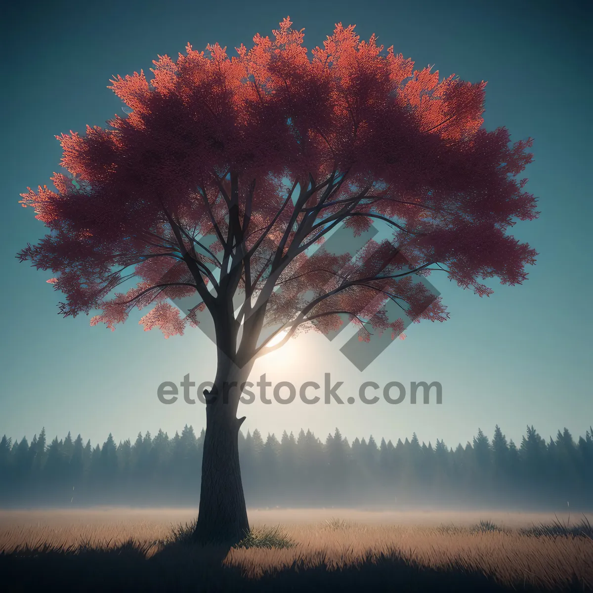 Picture of Autumn Oak Tree Silhouette against Sunlit Sky