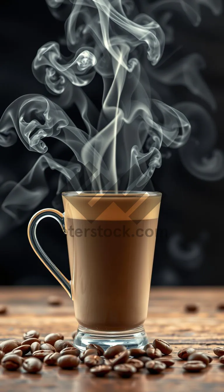 Picture of Hot Morning Coffee in Black Mug on Restaurant Table