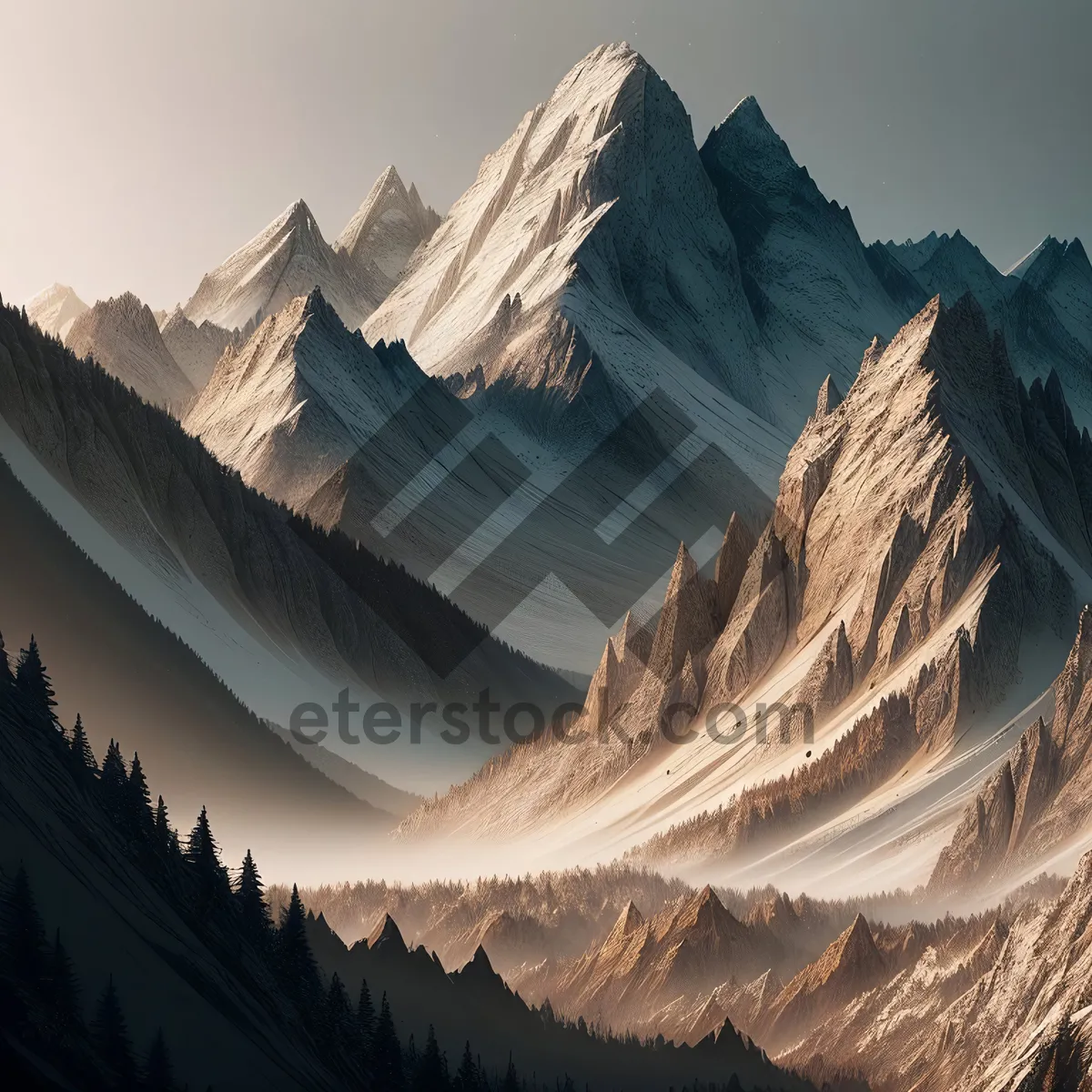 Picture of Breathtaking Glacier-Carved Mountain Range Soaring Above Majestic Valley