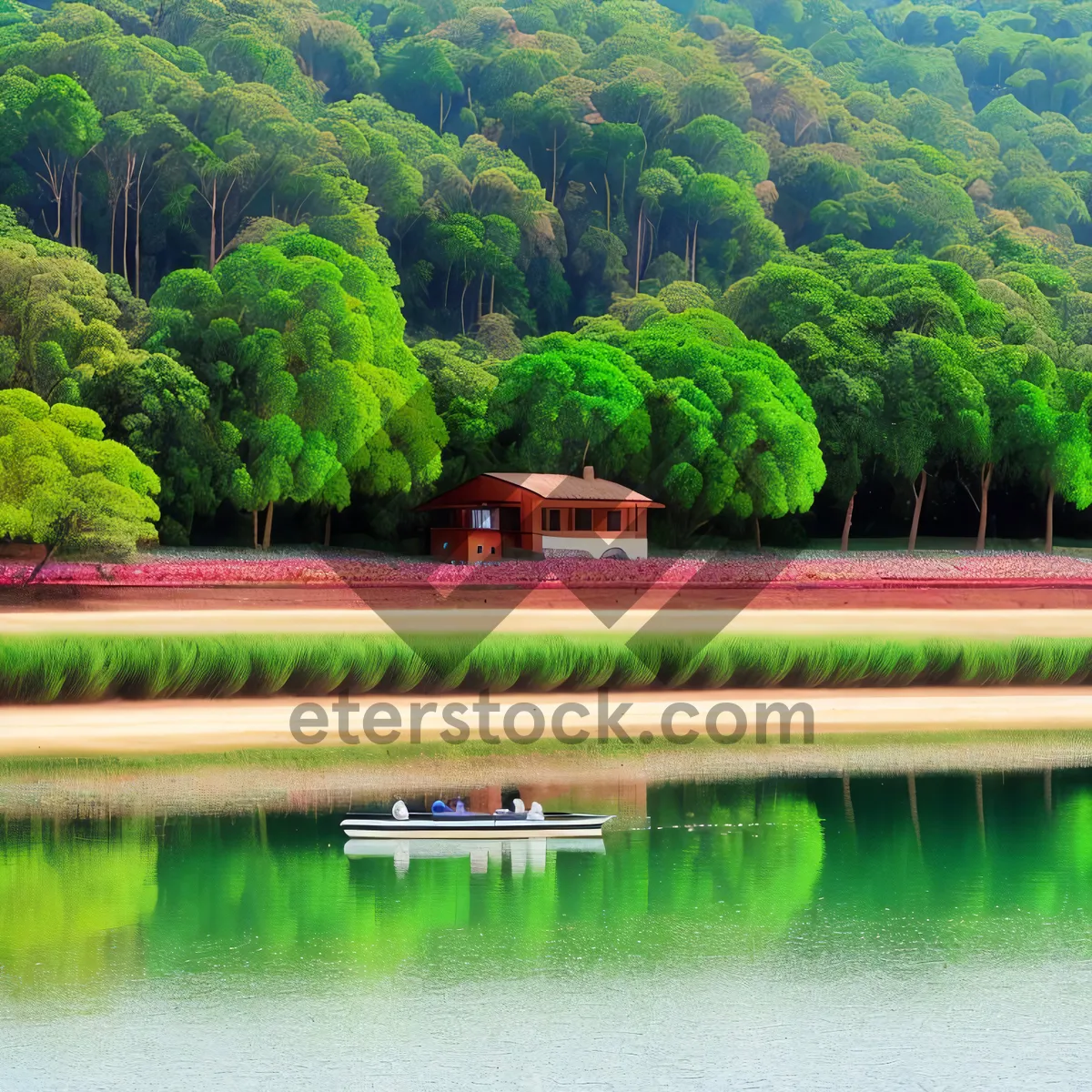 Picture of Tranquil Summer Landscape with River and Trees