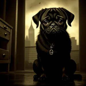 Cute Pug Puppy Sitting, Purebred Pet with Wrinkles