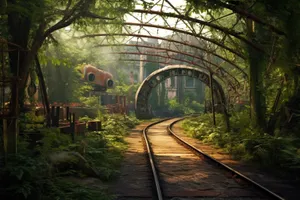 Traveling through park bridge surrounded by trees and greenery.