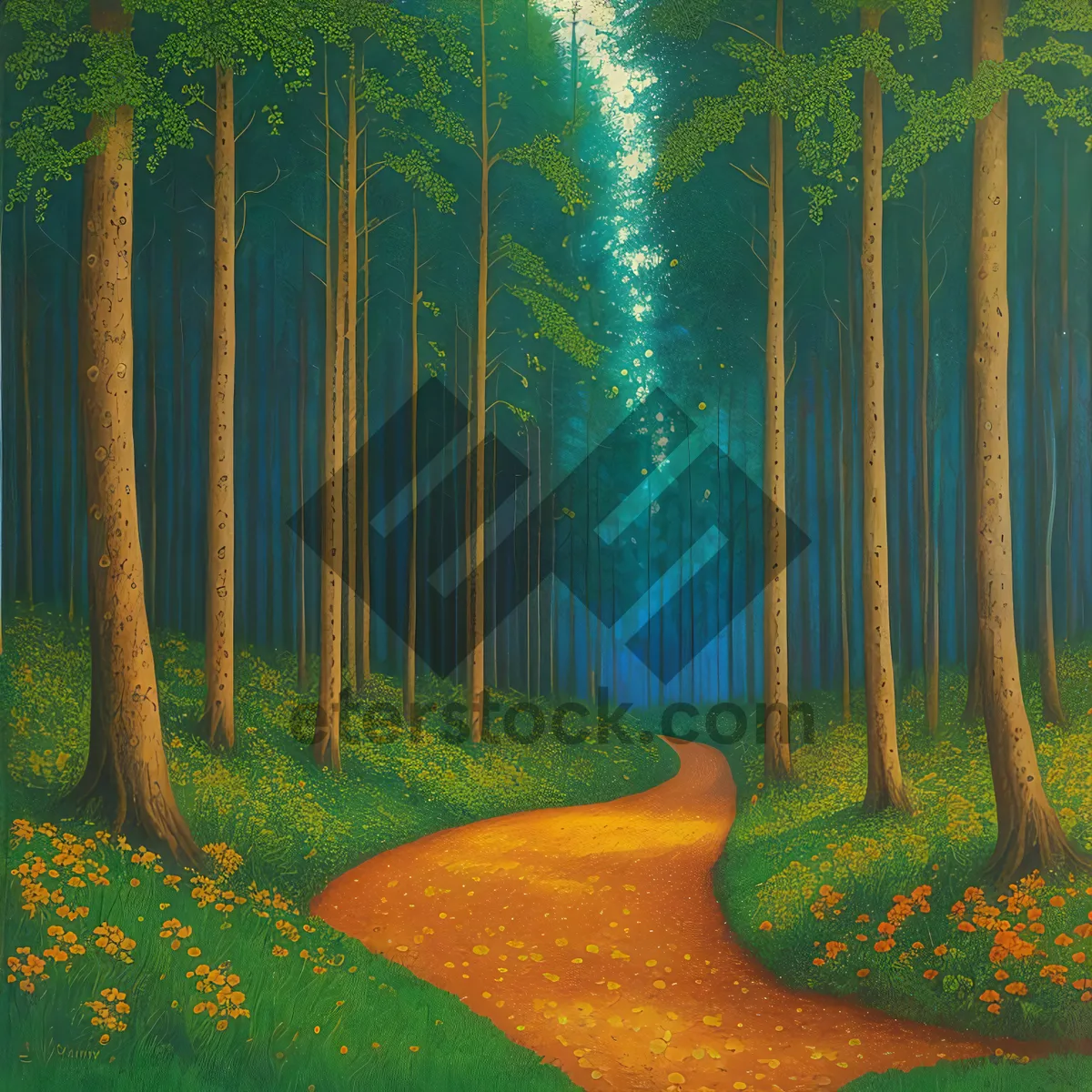 Picture of Serene Forest Path Through Sunlit Woods