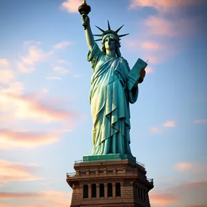 Historic Bronze Statue on Pedestal in City Skyline.