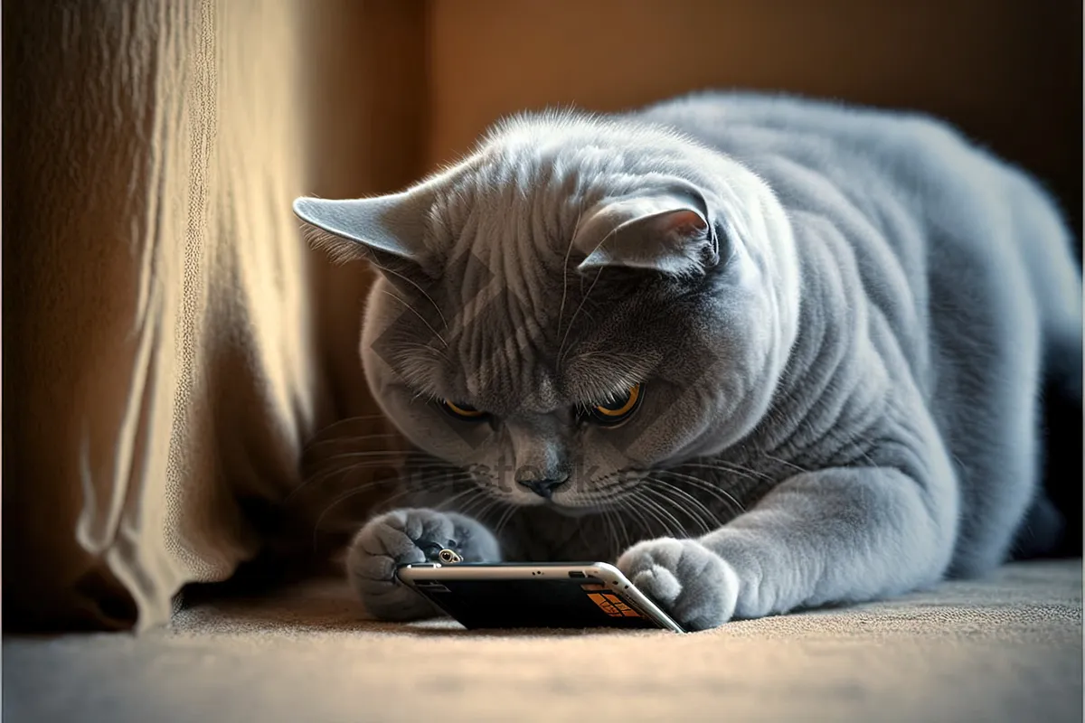 Picture of Fluffy Gray Tabby Cat on Windowsill Giving Kisses