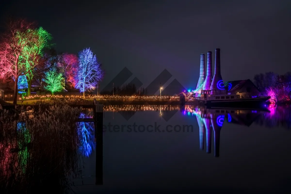 Picture of City skyline with vibrant night lights reflecting on river