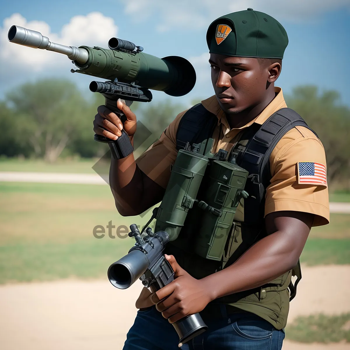 Picture of Military Soldier with Rifle in Outdoor Warfare
