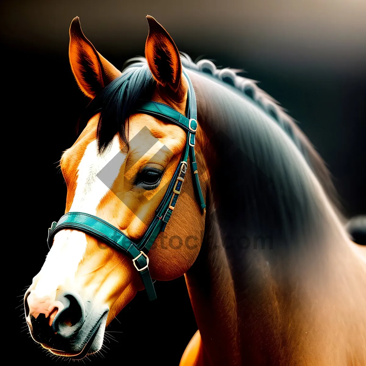 Picture of Thoroughbred stallion posing with bridle and headgear.