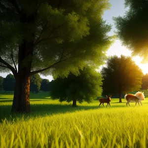 Serene Countryside Meadow with Wheat Fields and Sunny Sky