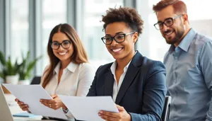 Successful Business Professionals Smiling in Modern Office Setting.