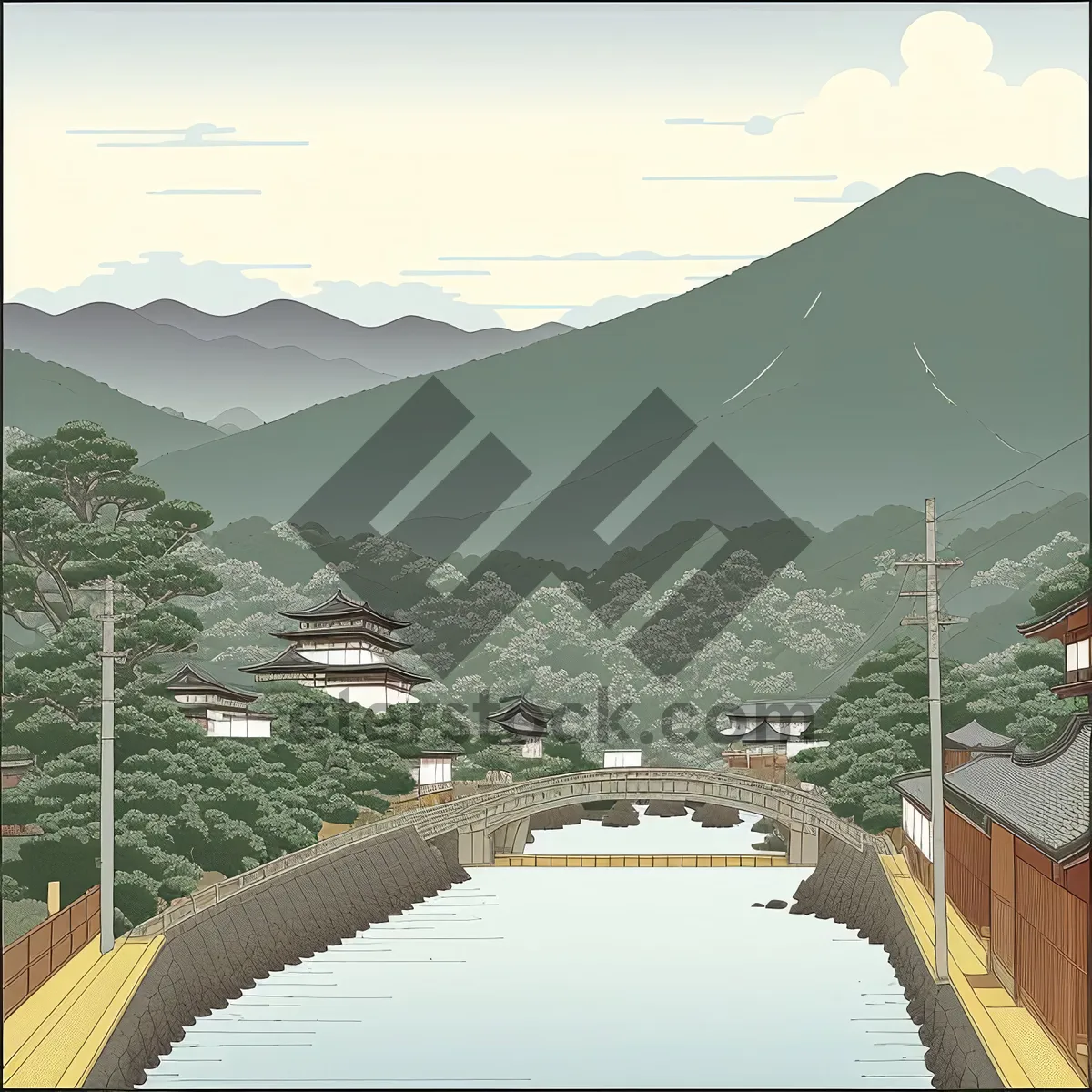 Picture of Mountain town skyline with river and lake view.