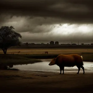 Rustic Livestock Grazing in Meadow