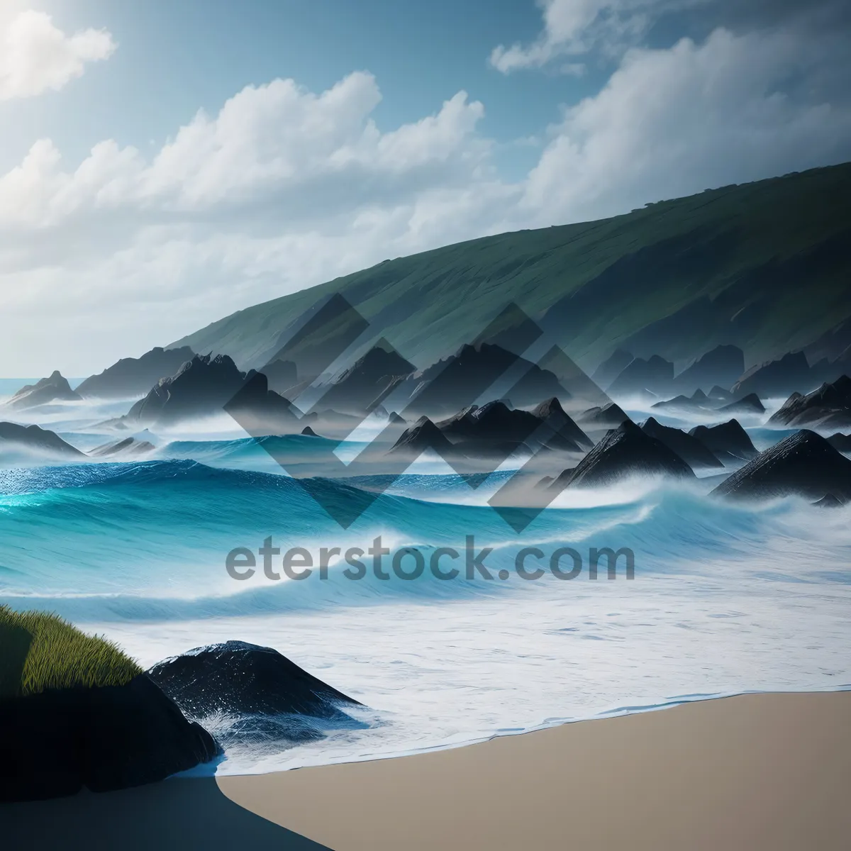 Picture of Serene Coastal Escape: Turquoise Waters, Sandy Beach, and Majestic Mountains