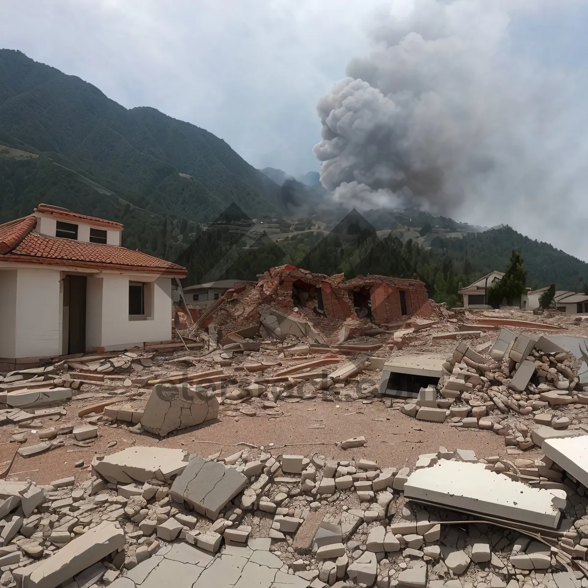 Picture of Mountain Roofscape: Majestic peaks meet sturdy tile roofs