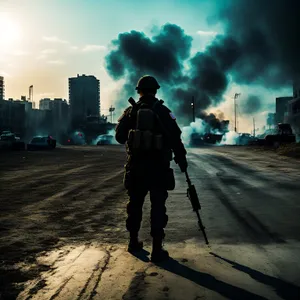 Silhouette of man holding chemical weapon under sunset sky