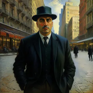 Successful businessman in suit smiling confidently in office.