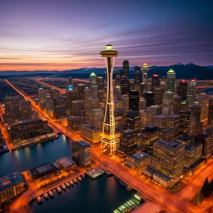 Nighttime Cityscape with Glowing Skyscrapers