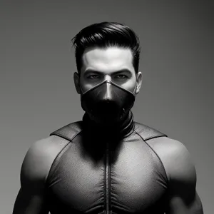 Attractive male model wearing black mask, looking captivating.