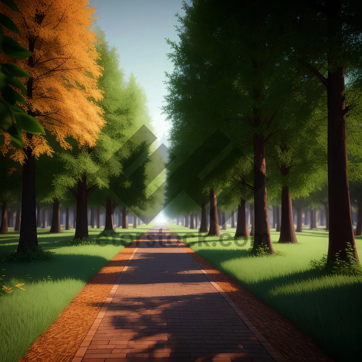 Picture of Tranquil Park Path with Lush Trees and Grass
