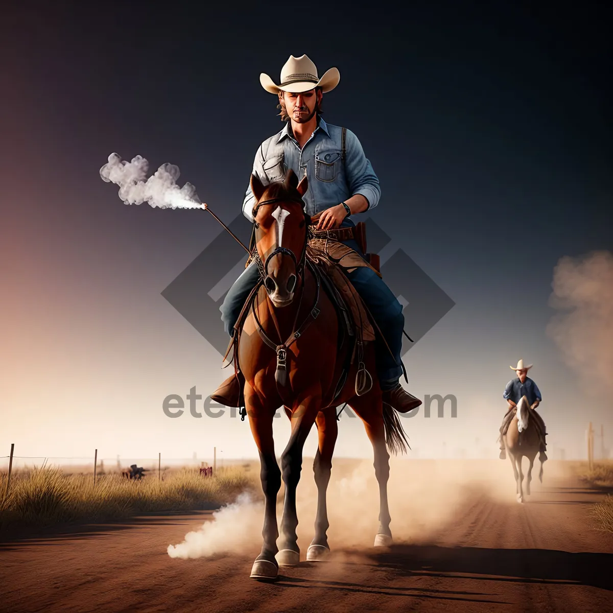 Picture of Cowboy Horseback Riding in Outdoor Equestrian Competition.