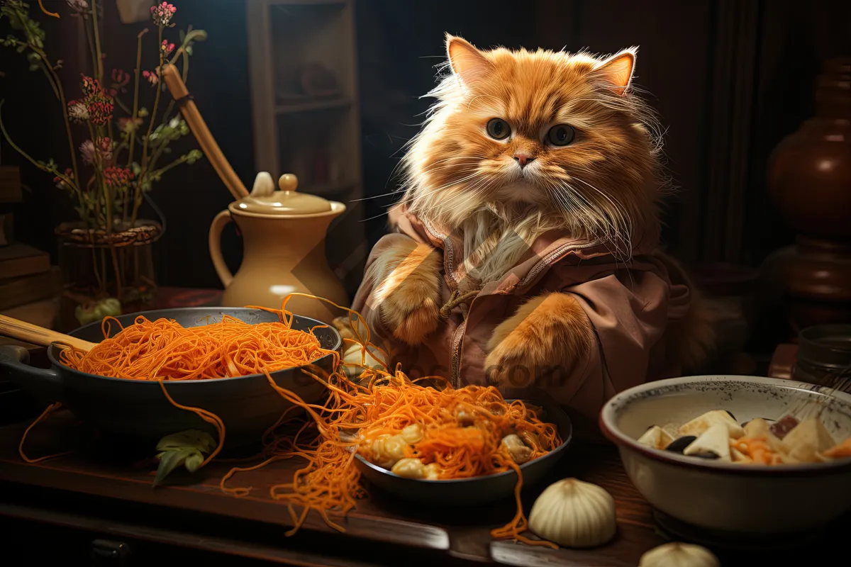 Picture of Fluffy Kitty with Playful Eyes at Dinner Time