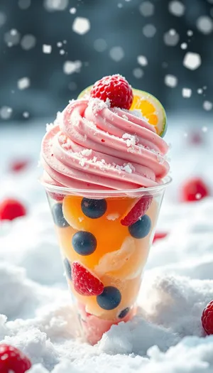 Healthy fruit dessert plate with assorted berries and cream