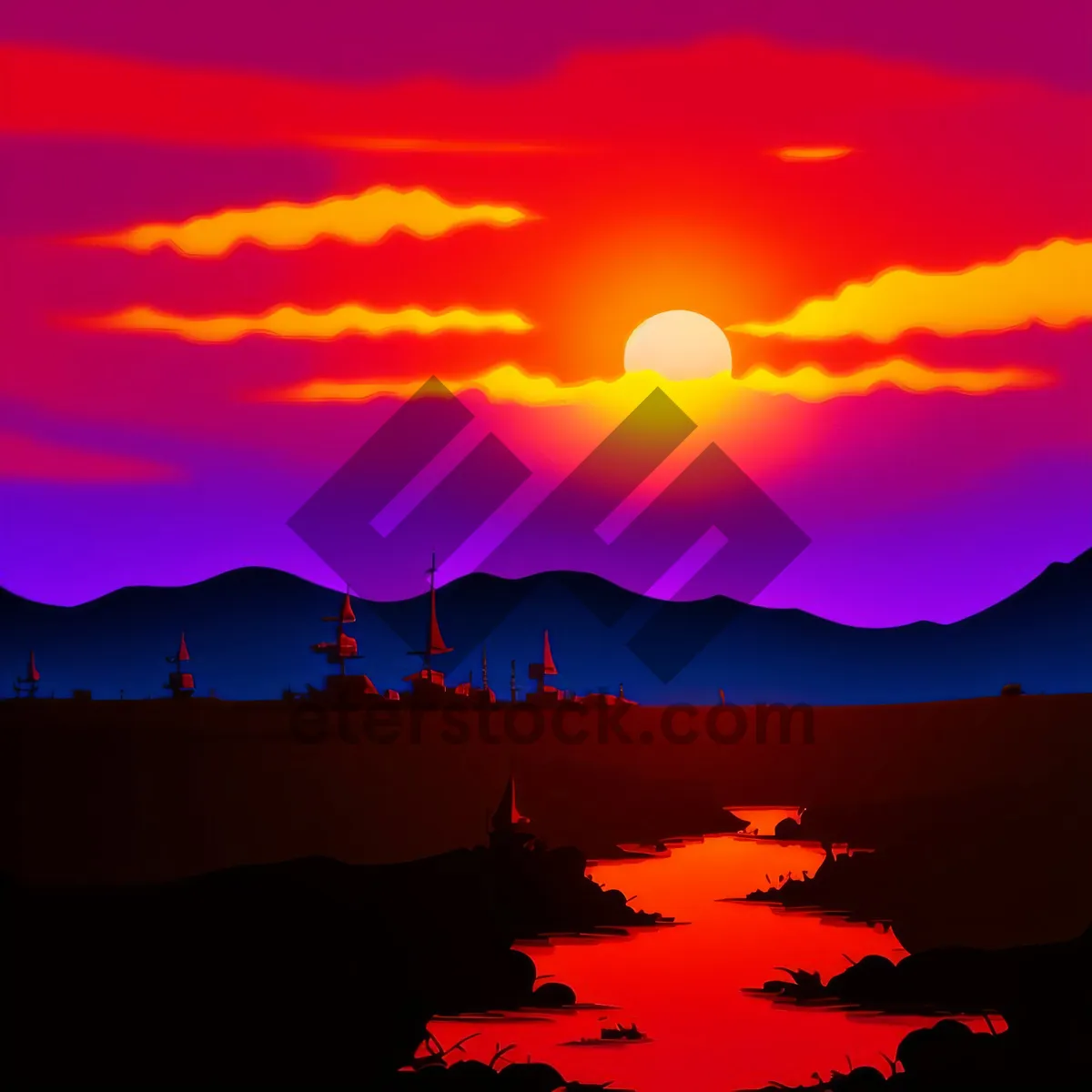 Picture of Vibrant Sunset Over Serene Savanna Landscape