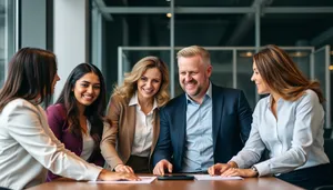 Professional woman and man smiling in office meeting