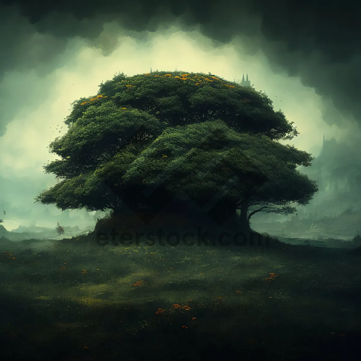 Picture of Mountain landscape with tree, beach, and starry sky