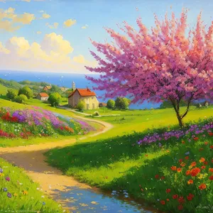 Blossoming countryside grove under blue spring sky