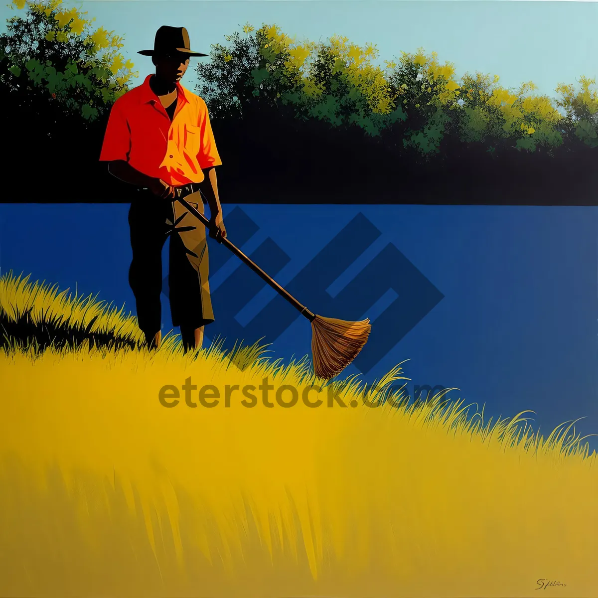 Picture of Silhouetted Man Paddling with Rake-Like Oar