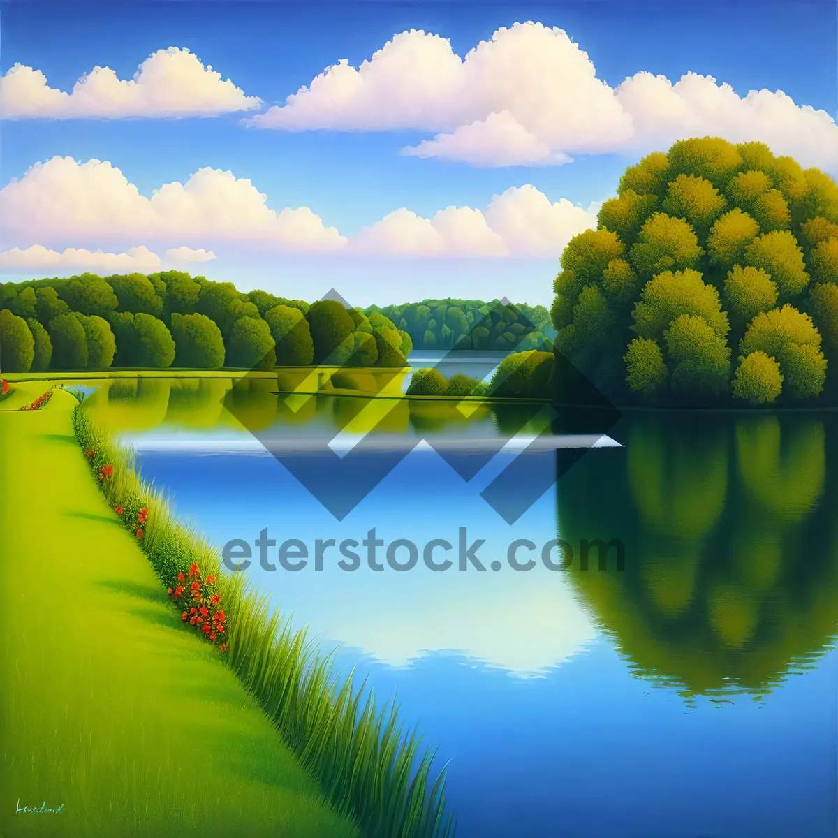 Picture of Serene countryside meadow under vibrant summer sky