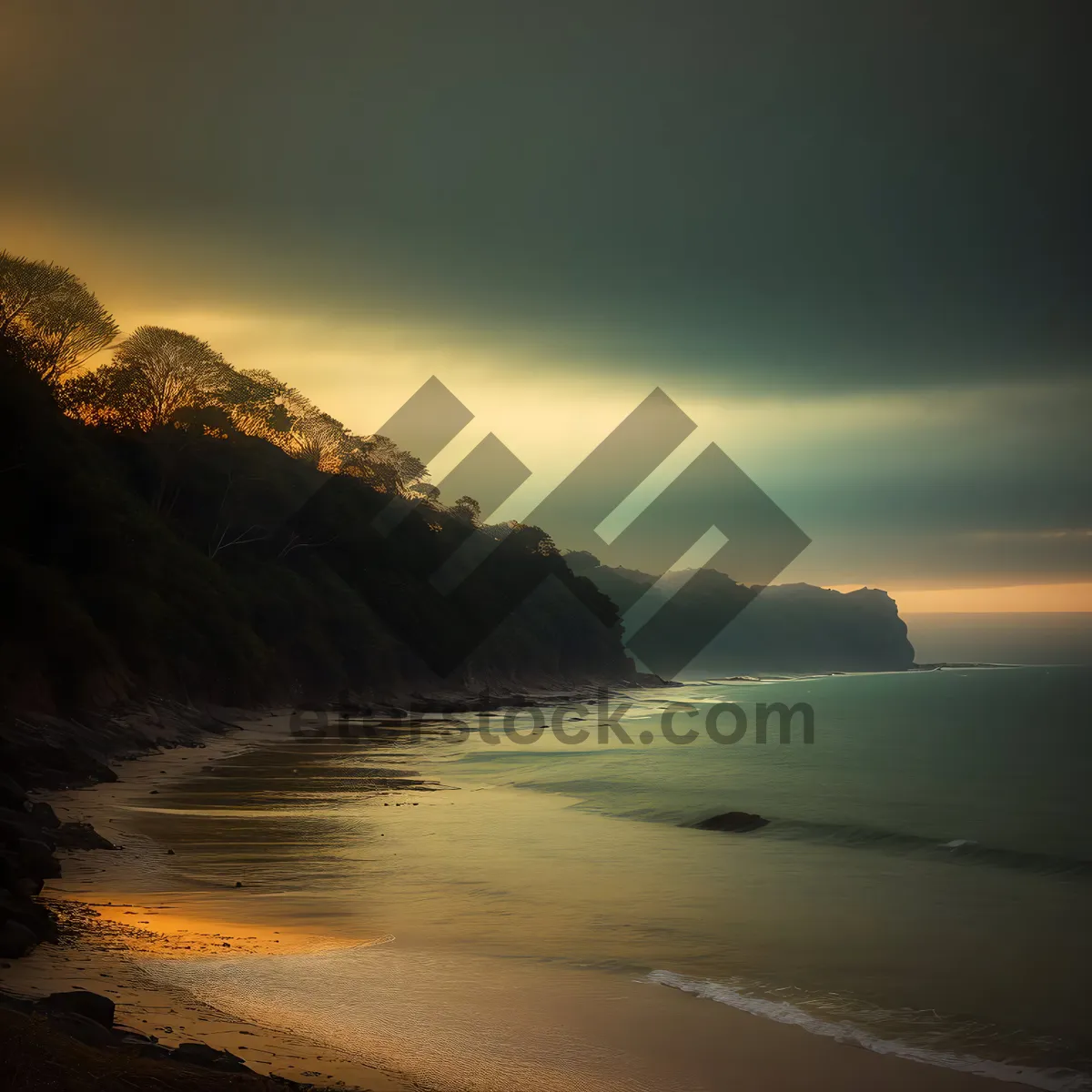 Picture of Serene Sunset Beachscape with Majestic Mountains