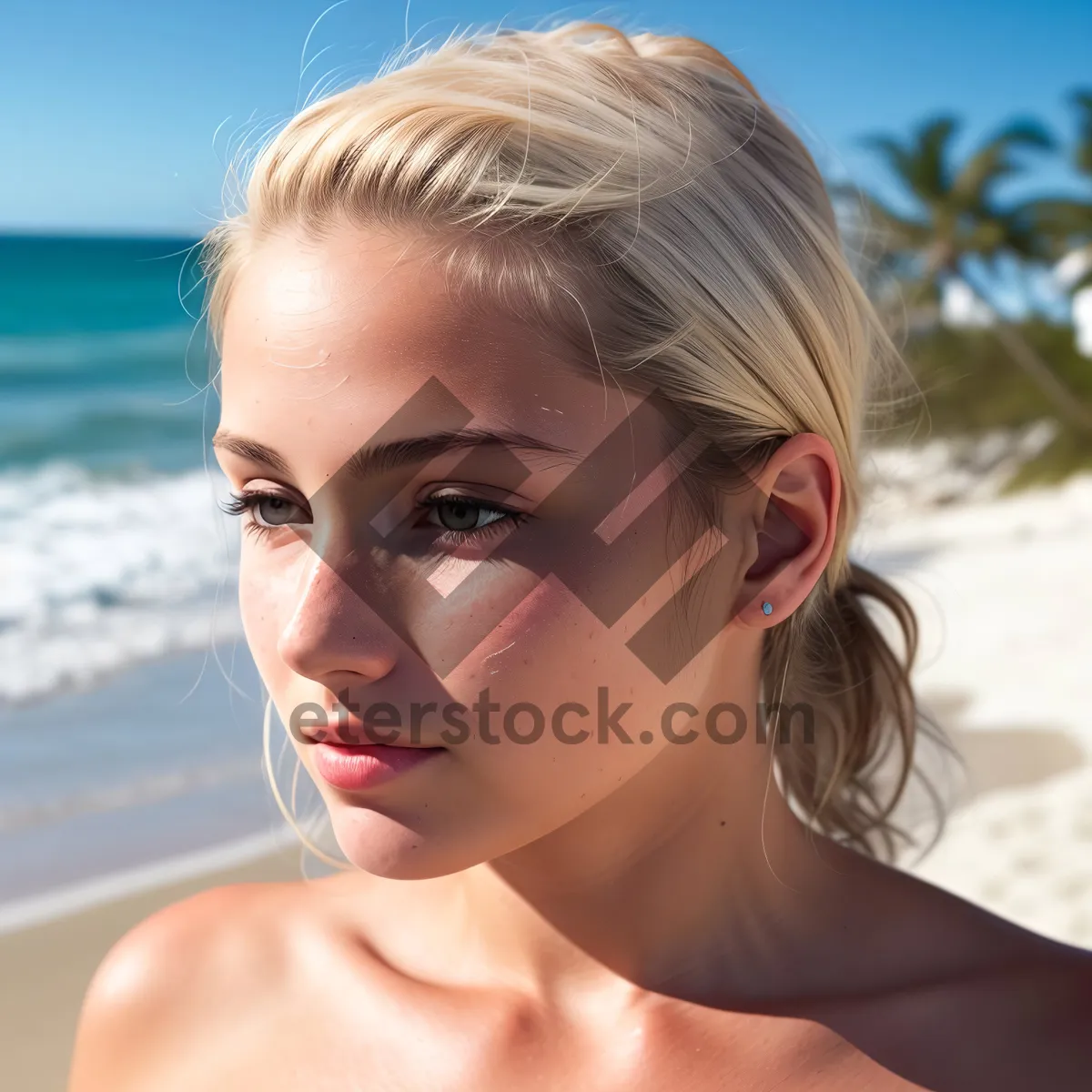 Picture of Happy Blonde at the Beach with Sunscreen