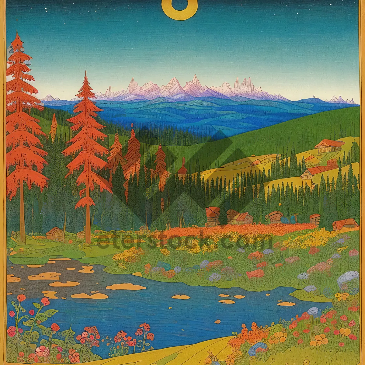 Picture of Autumnal Landscape: Trees, Sky, and Mountains