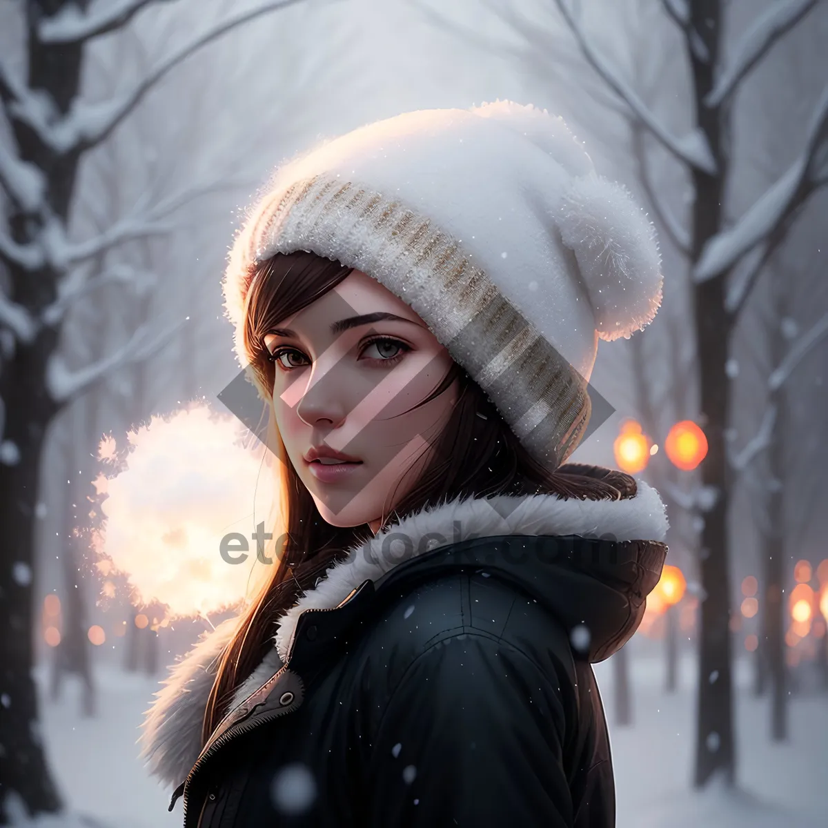 Picture of Stylish Winter Portrait: Attractive Brunette Lady in Snowy Hat