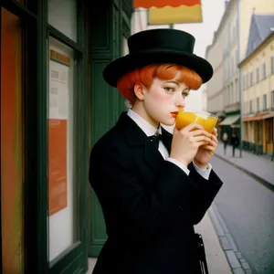 Happy businessman enjoying ice lolly dessert with kazoo.